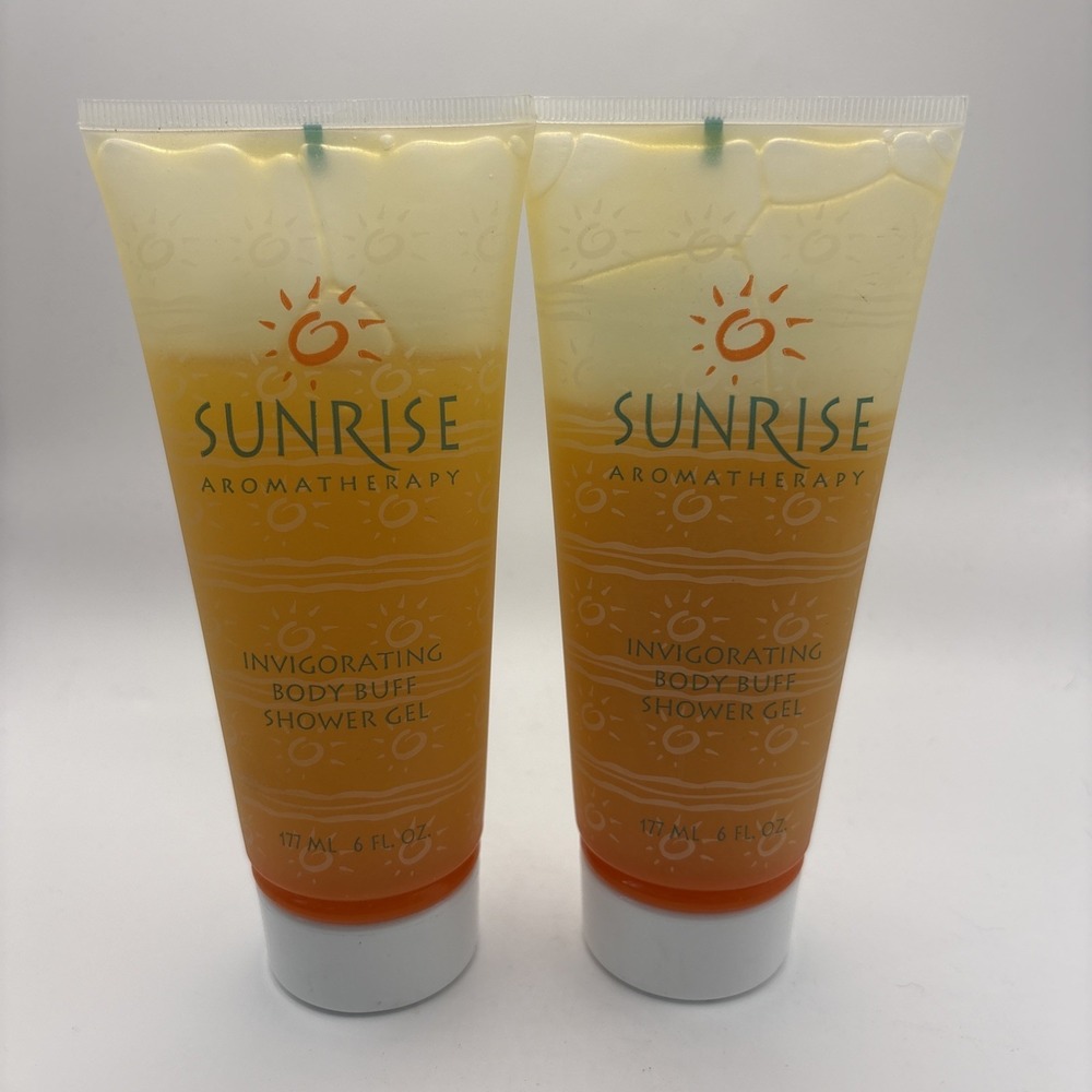 2 Vtg Avon Sunrise Aromatherapy Invigorating Body Buff Shower‎ Gels 6 Oz NOS
